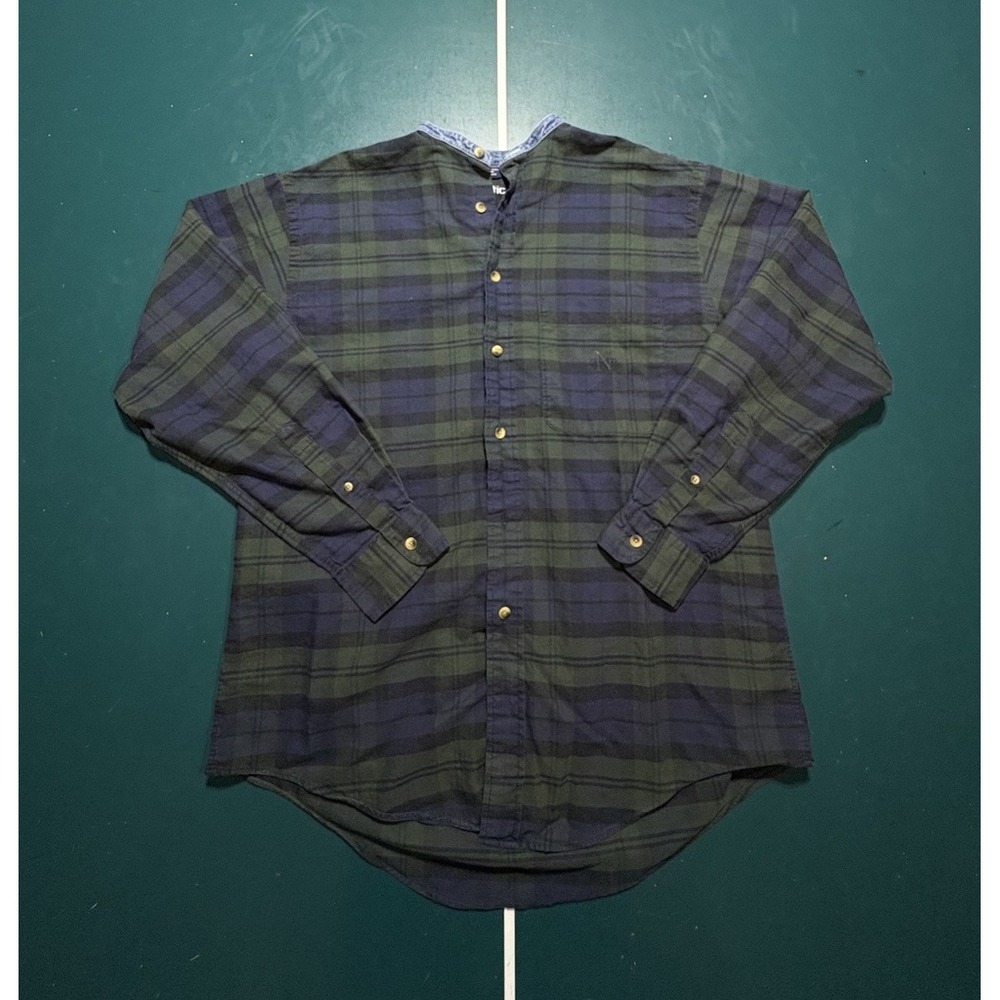 Vintage Nautica Plaid Button Up Shirt Men's Medium Band Collar Green Blue 90s